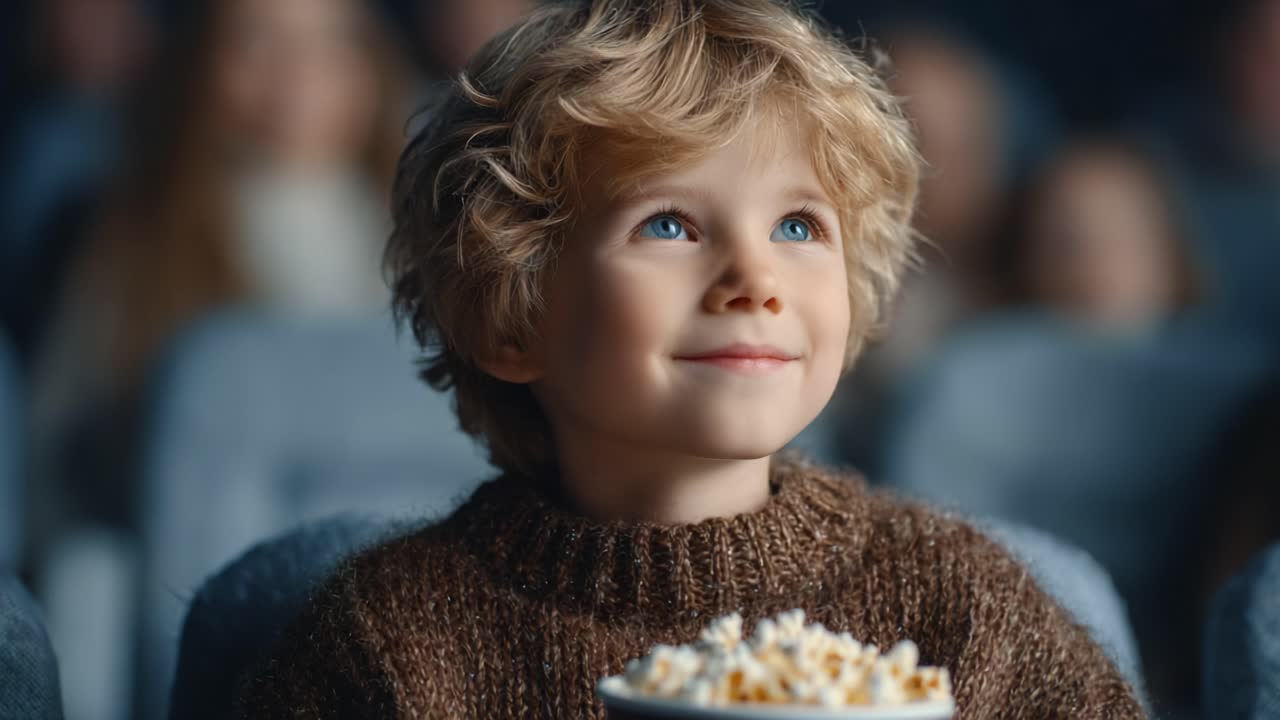 A young boy sits in a movie theater, sparkling with excitement as he enjoys a bowl of popcorn, eagerly anticipating the film experience with bright, joyful eyes