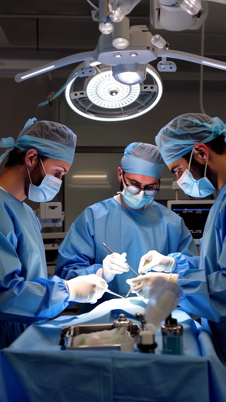 A group of surgeons are performing a surgery. Scene is serious and focused.