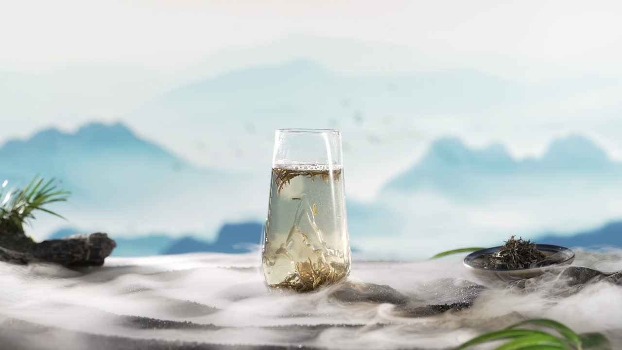 Refreshing glass Tranquil teapot filled with freshly brewed green cup sits on a rock table surrounded by vibrant green tea leaves.