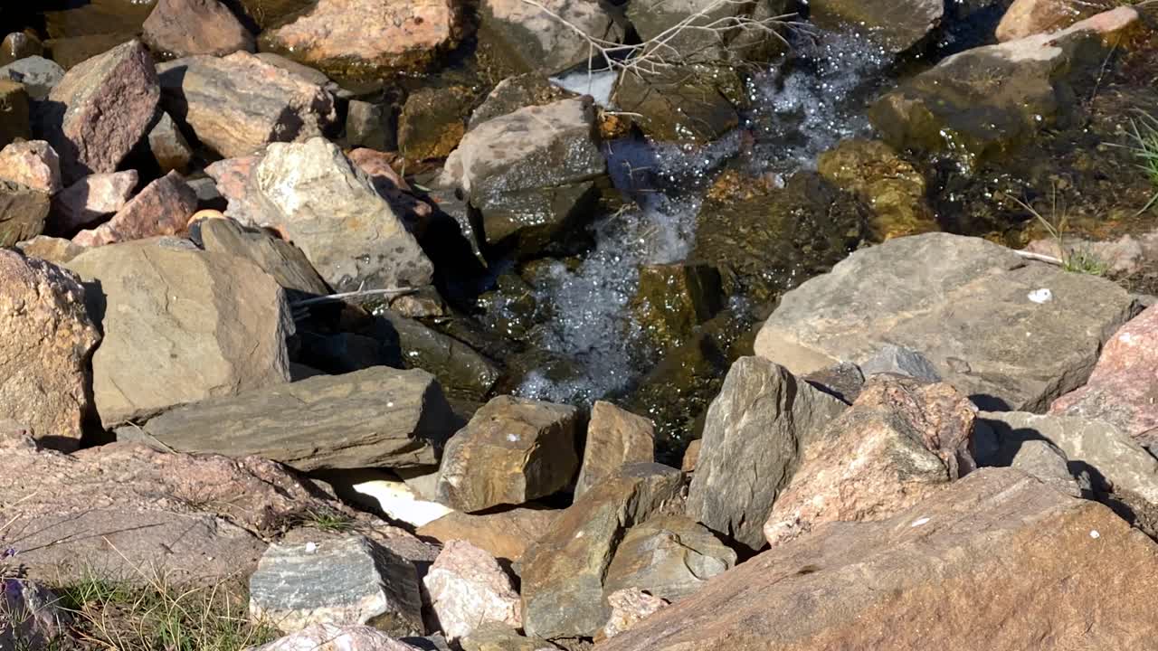 Water flowing amid rocks in tiny mountain stream on sunny day