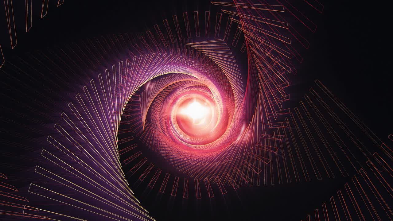4K 3D Futuristic Technology Fractal art. Pink purple red colors swirl net mesh are spinning around center and blending. Hypnotizing vortex with center optical flare retro wave seamless animation loop.