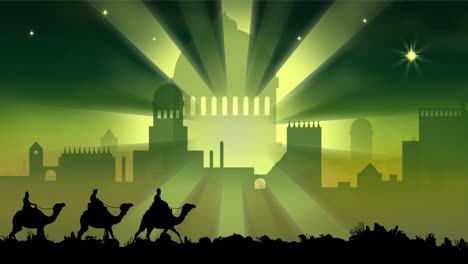animation of three kings on camels over christmas bethlehem on green background
