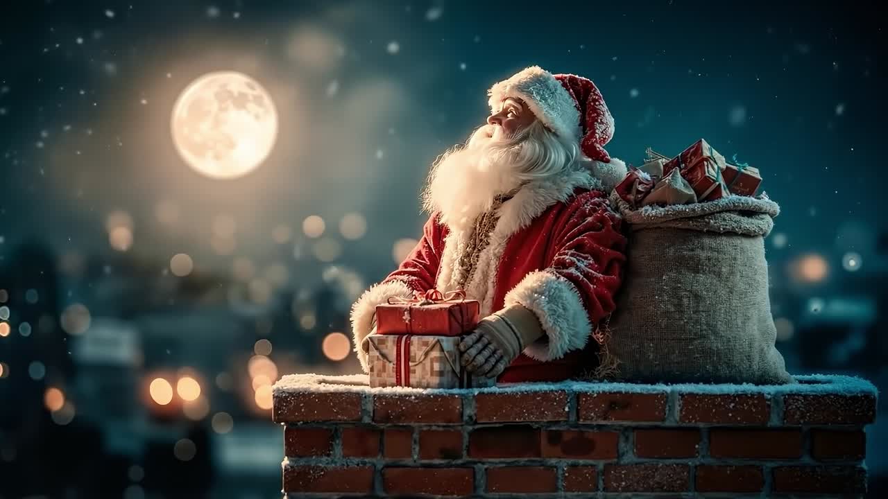 A santa claus sitting on top of a brick chimney with presents