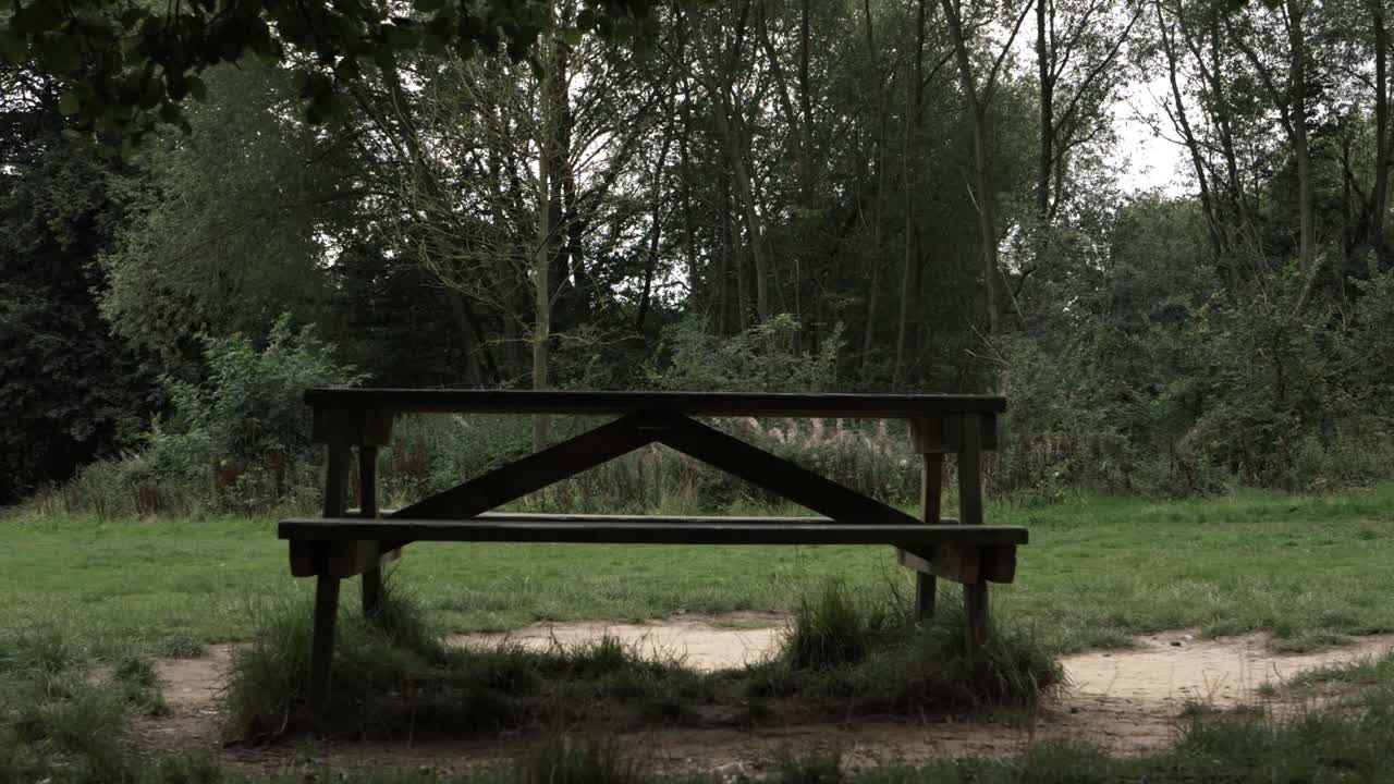 시골 공원 넓은 패닝 샷의 피크닉 벤치