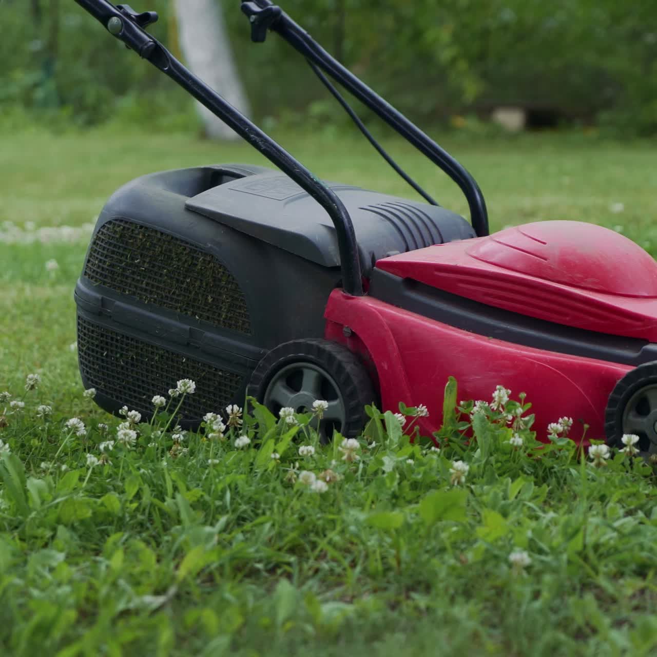 Young boy cutting the grass with a lawn mower in summer time. Outdoor seasonal household works