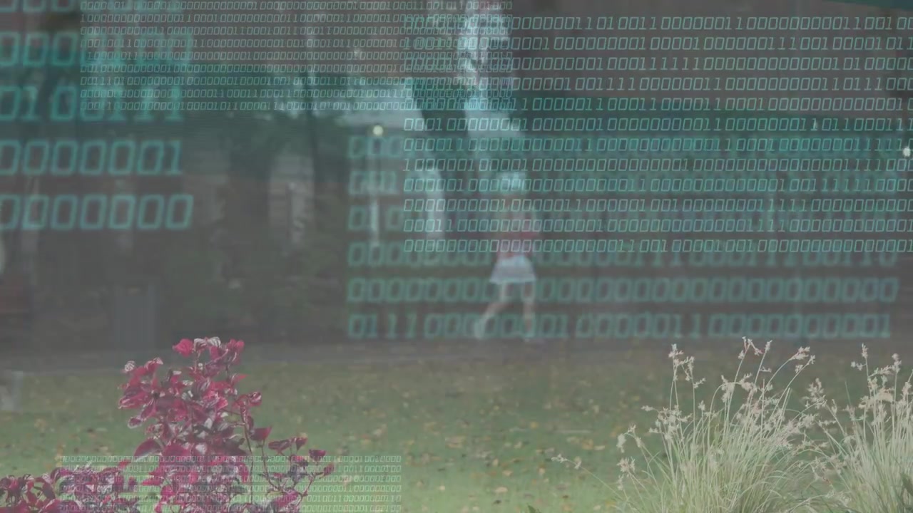 Woman in pink starting walking to meet man, causing binary overlay animating over path showing tech