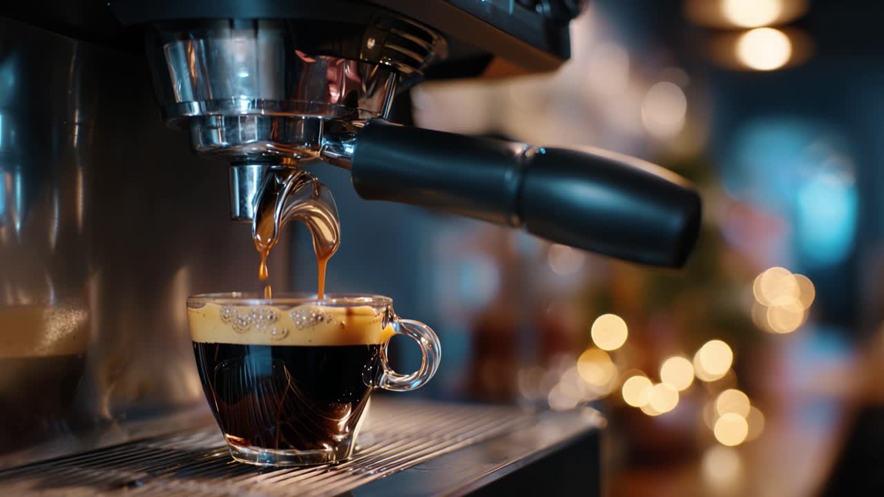 Il vapore sale mentre il caffè gocciola in un bicchiere trasparente. Una luce calda brilla dolcemente sullo sfondo. La scena risulta calma, invitante e intima. Perfetto per un caffè accogliente, la routine mattutina o il branding del benessere