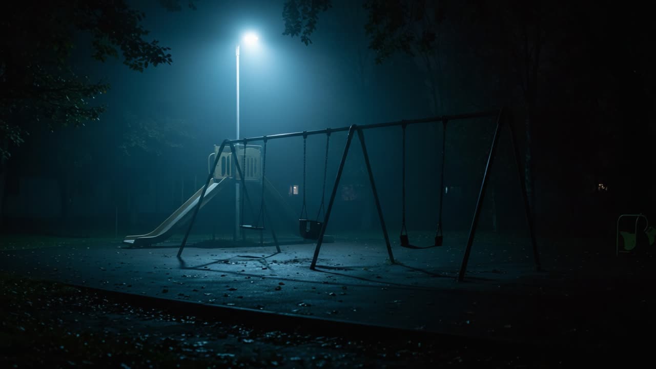 Eerie Playground at Night: A Silent Swing Set and Slide Under Mysterious Fog-Lit Atmosphere Evoke Haunting Memories and Reflect Upon Childhood Innocence