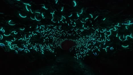 a stunning visual of bioluminescent organisms illuminating a dark cave, creating a magical and enchanting atmosphere beneath the earth’s surface