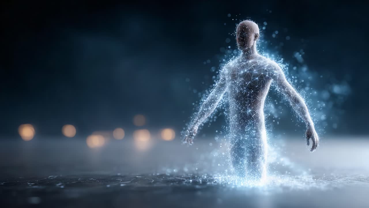 A Glowing Human Silhouette Emerges from a Mystical Light, Representing Transformation and Connection to an Ethereal Digital Realm of Energy and Data Visualization