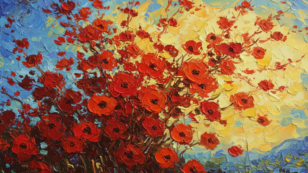 Vibrant Red Blossoms Against a Soft Blue Sky: A Celebration of Nature's Beauty in Oil Paintings Capturing the Essence of Spring and Renewal