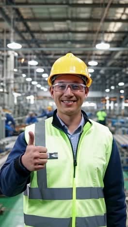 trabajador de la fábrica levantando el pulgar