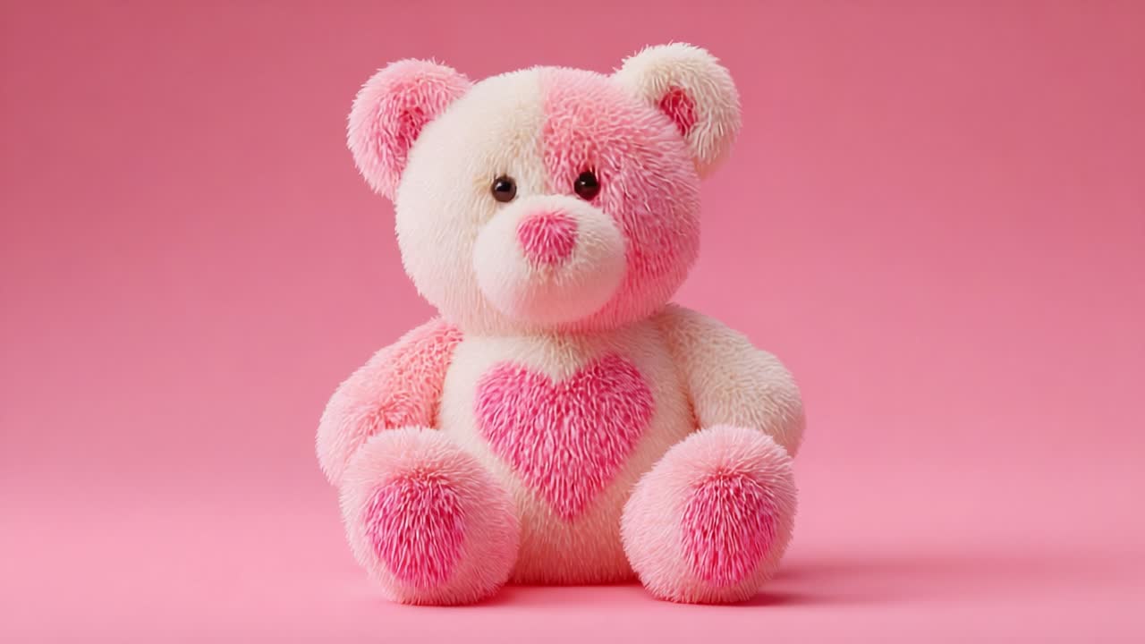 A Cute and Adorable Pink and White Plush Bear with a Heart Design Crafted in Soft Fabric, Perfect for Comfort, Gifts, and Children's Playtime in a Fun Pink Background