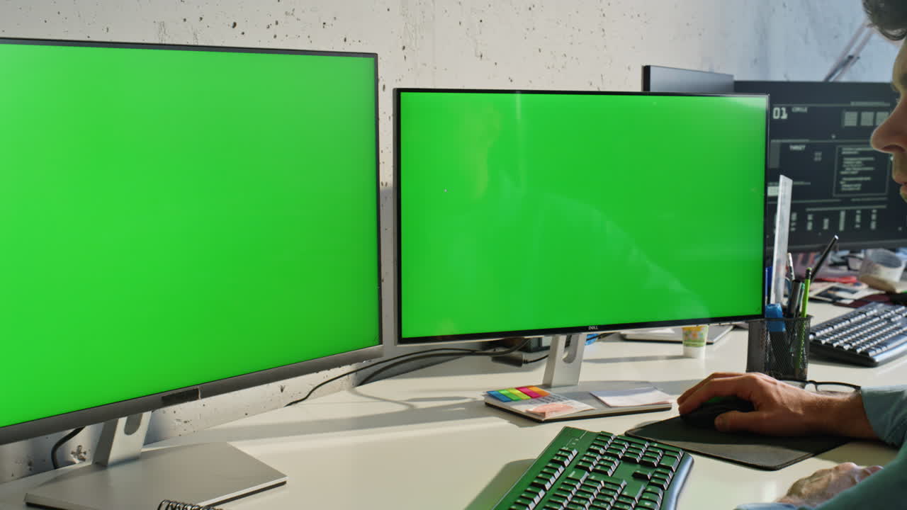 Two mockup monitors placed at light office table zoom out. Man working computer