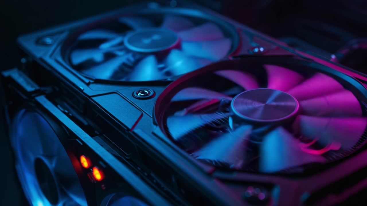 A Close-Up Look at a High-Performance Graphics Card Showing Powerful Cooling Fans in Motion, Highlighted by a Dynamic Neon Blue and Pink Lighting Effect