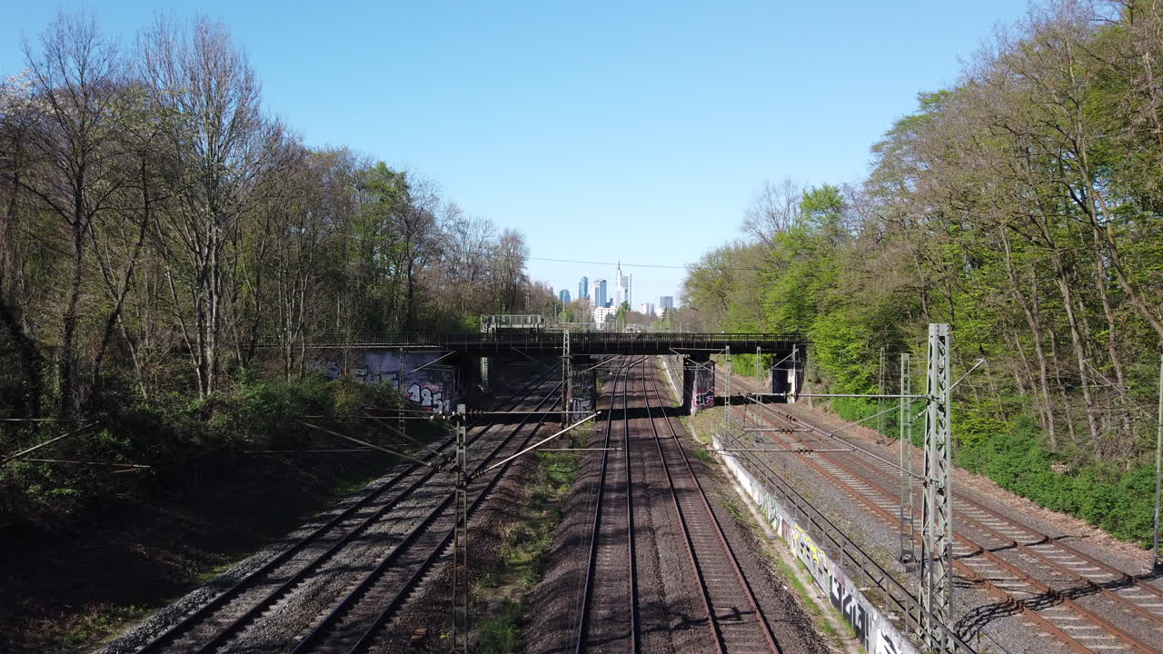 Train Driving Towards Frankfurt, Germany with the Frankfurt Skyline in the Back
