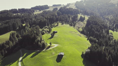 Aerial-drone-footage-flying-towards-grass-covered-hills-within-alpine-mountains-in-Tyrol,-Austria