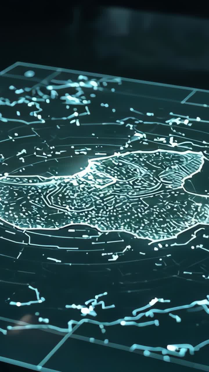Vertical video: Opening holographic 3D map booting on lab table, showing orbiting contour lines