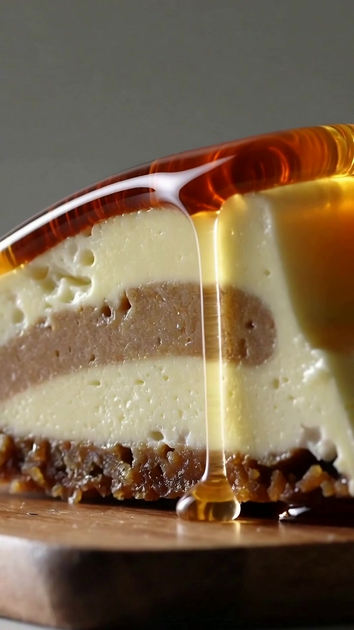 Vertical video: Pouring amber syrup offframe coating layered slice on wood board, glazing edge