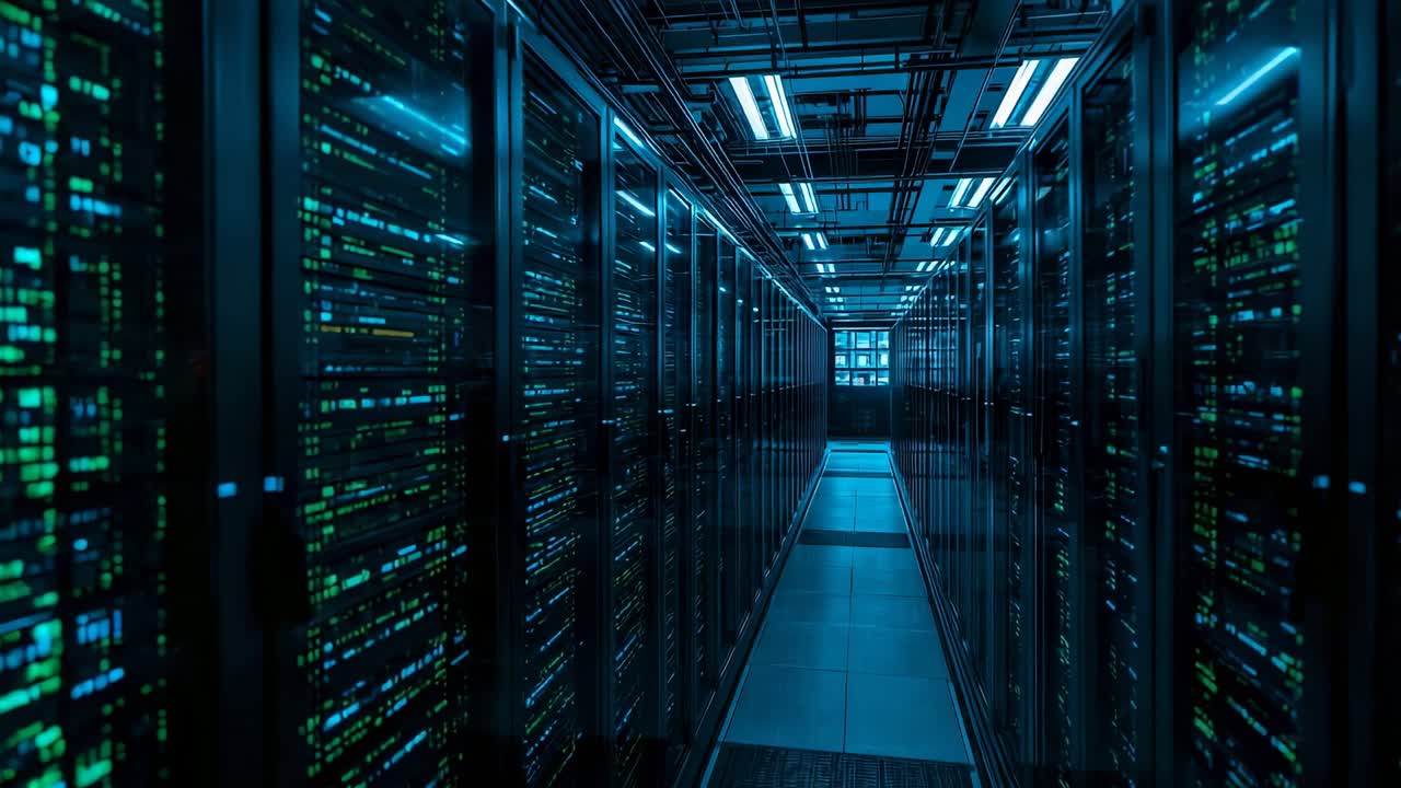 Initiating camera tracking through data center aisle, capturing server racks with blinking LEDs