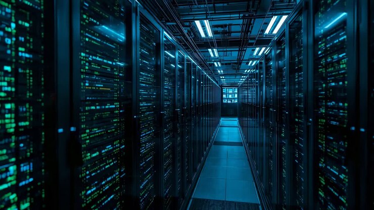 Initiating camera tracking through data center aisle, capturing server racks with blinking LEDs
