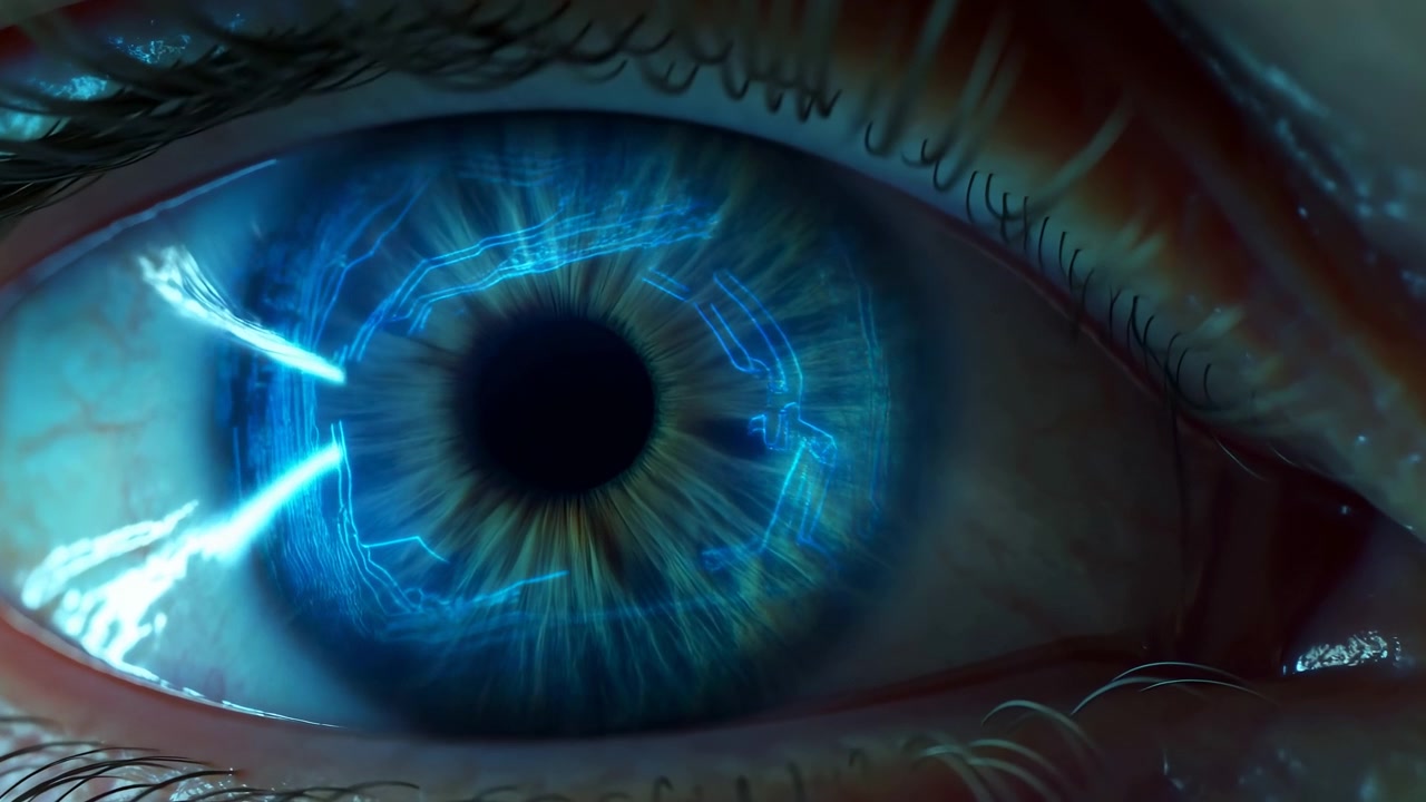 Primo piano estremo di un occhio umano con iride blu-verde, ciglia visibili e morbide striature di luce ciano che creano un look elegante ispirato alla tecnologia.
