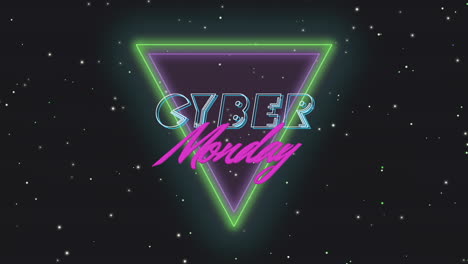 Cyber-Monday-with-retro-triangle-with-stars-in-dark-galaxy