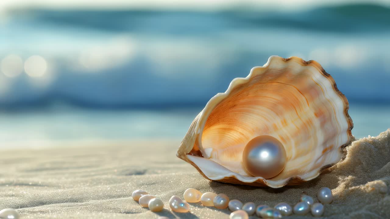 Luminous pearl nestled within large seashell resting on pristine sandy beach. Delicate pearl necklace scattered nearby while soft ocean waves gently roll in background. Creating serene tropical scene