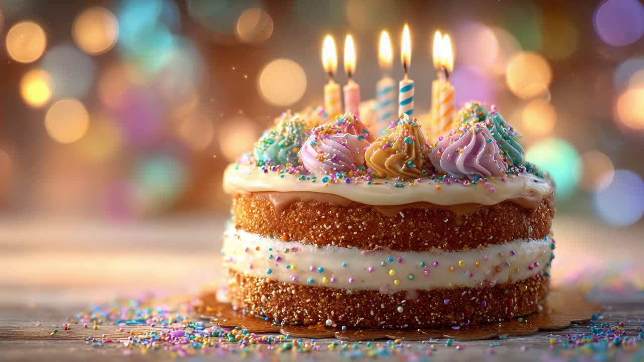A Delightful Celebration Cake with Colorful Frosting and Candles Illuminating the Scene, Captured in Stunning Detail Against a Background of Soft Bokeh Lights