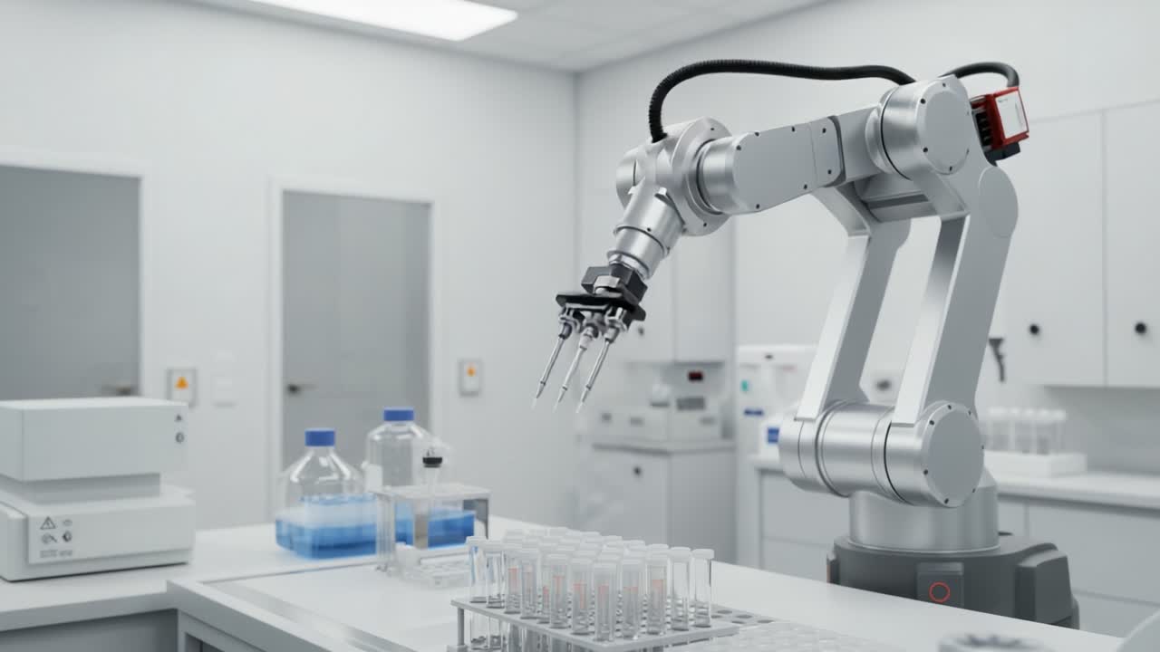 Advanced Laboratory Automation: A Robotic Arm Precision Handling Test Tubes in a Modern Scientific Environment, Showcasing Innovation in Research and Development