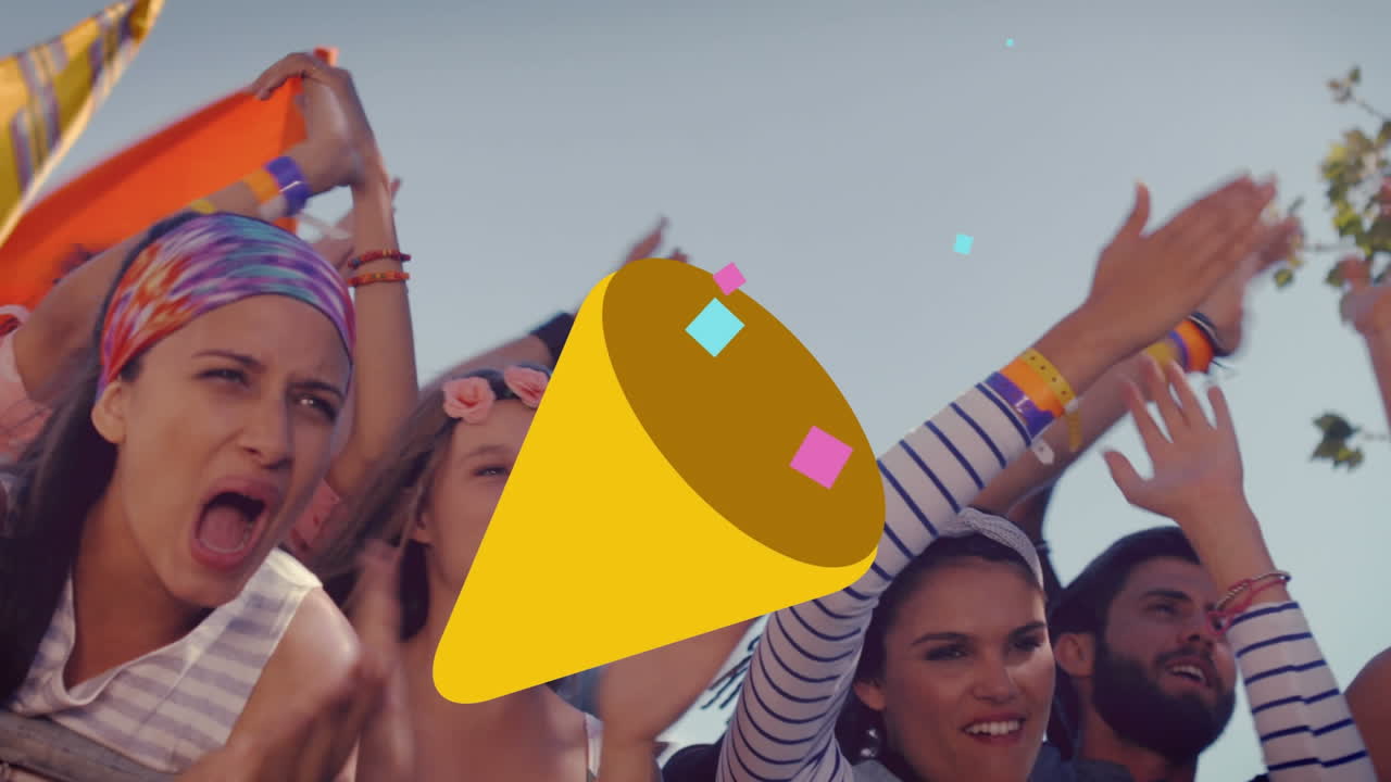 음악 콘서트 도중 춤추고 환호하는 사람들 위에 흐르는 콘 ⁇ 과 함께 콘 ⁇ 의 애니메이션