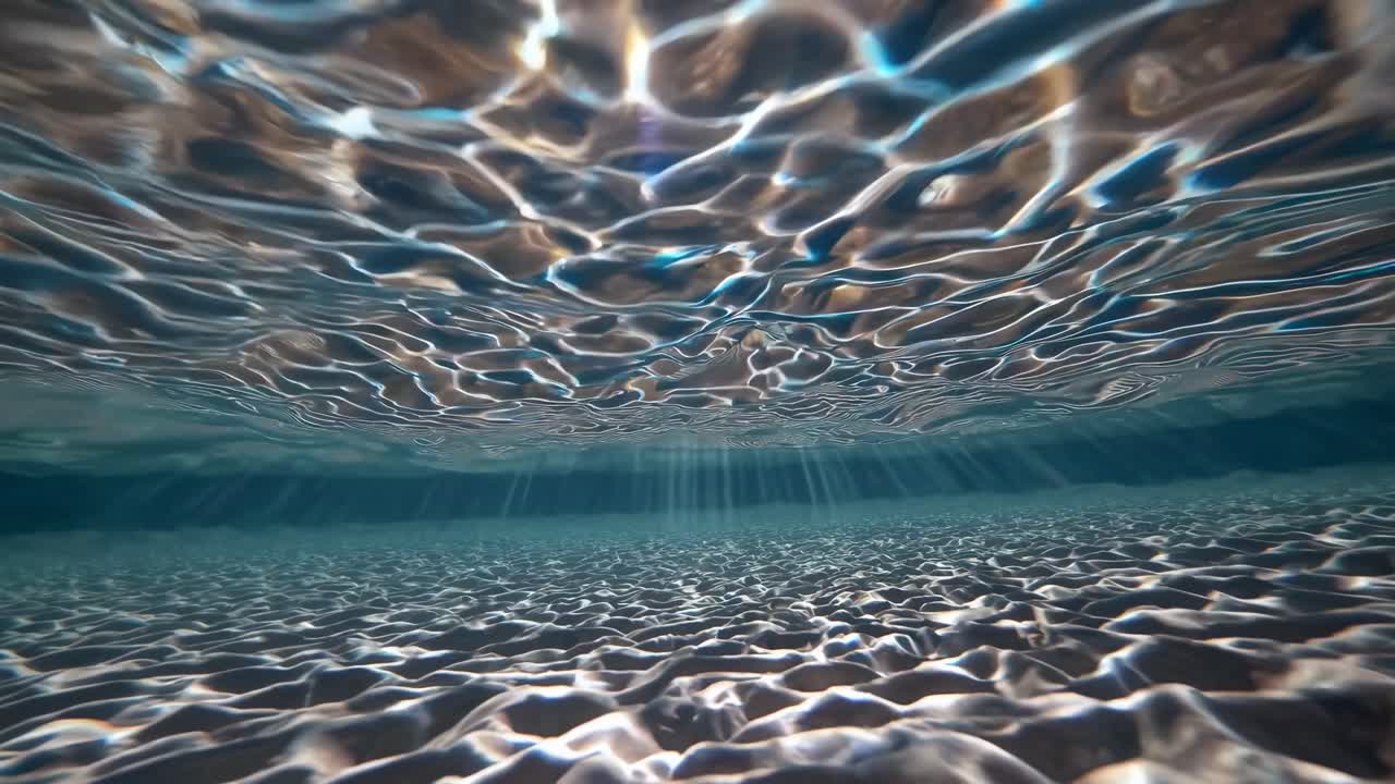 Caustiche della luce solare su fondale sabbioso con superficie dell'acqua increspata