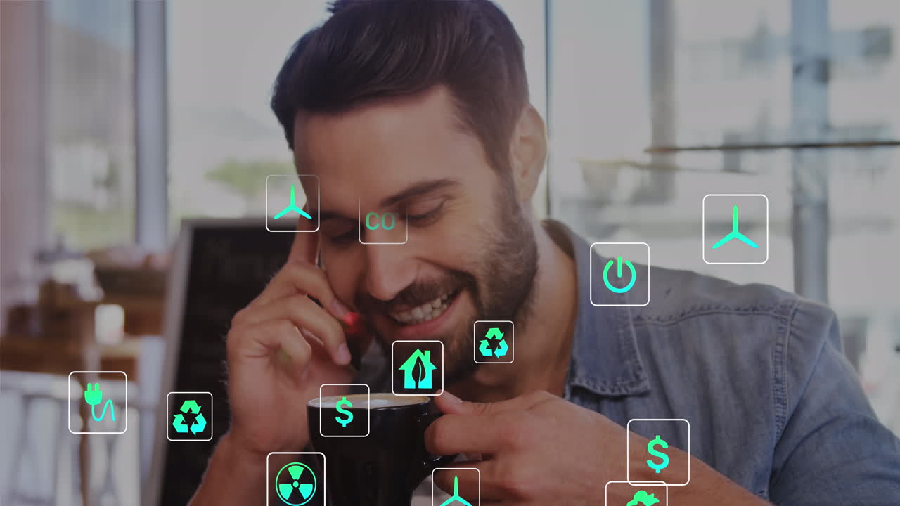 animación de múltiples iconos sobre un hombre caucásico sonriente hablando en el teléfono celular mientras bebe café