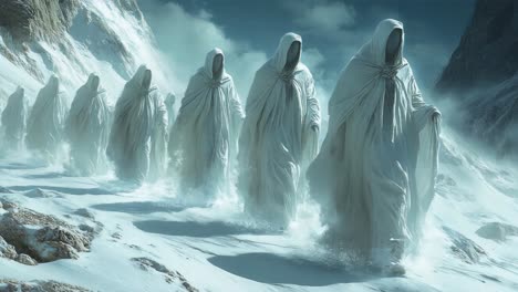 ancient figures walking through snowy mountains