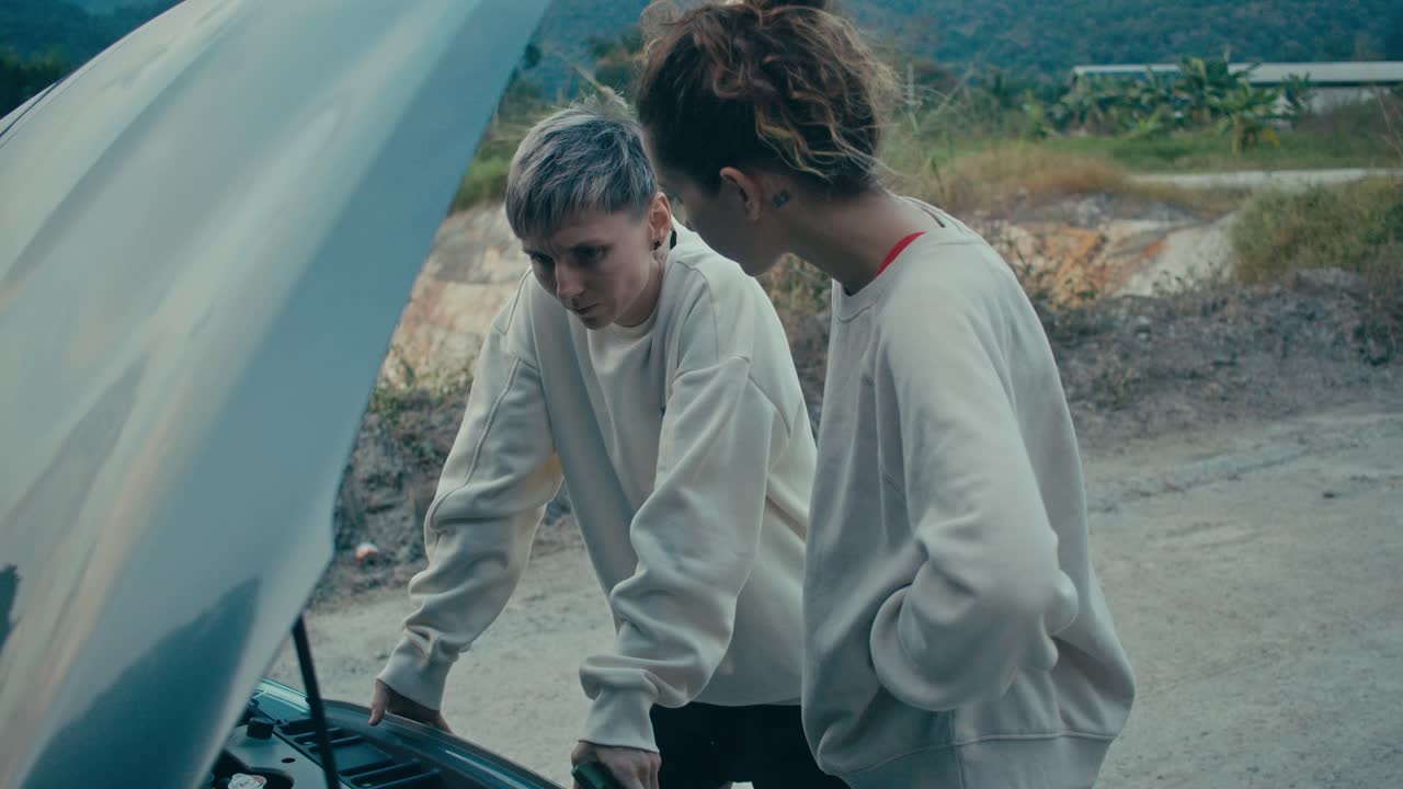 Two women looking at a broken down car on the roadside