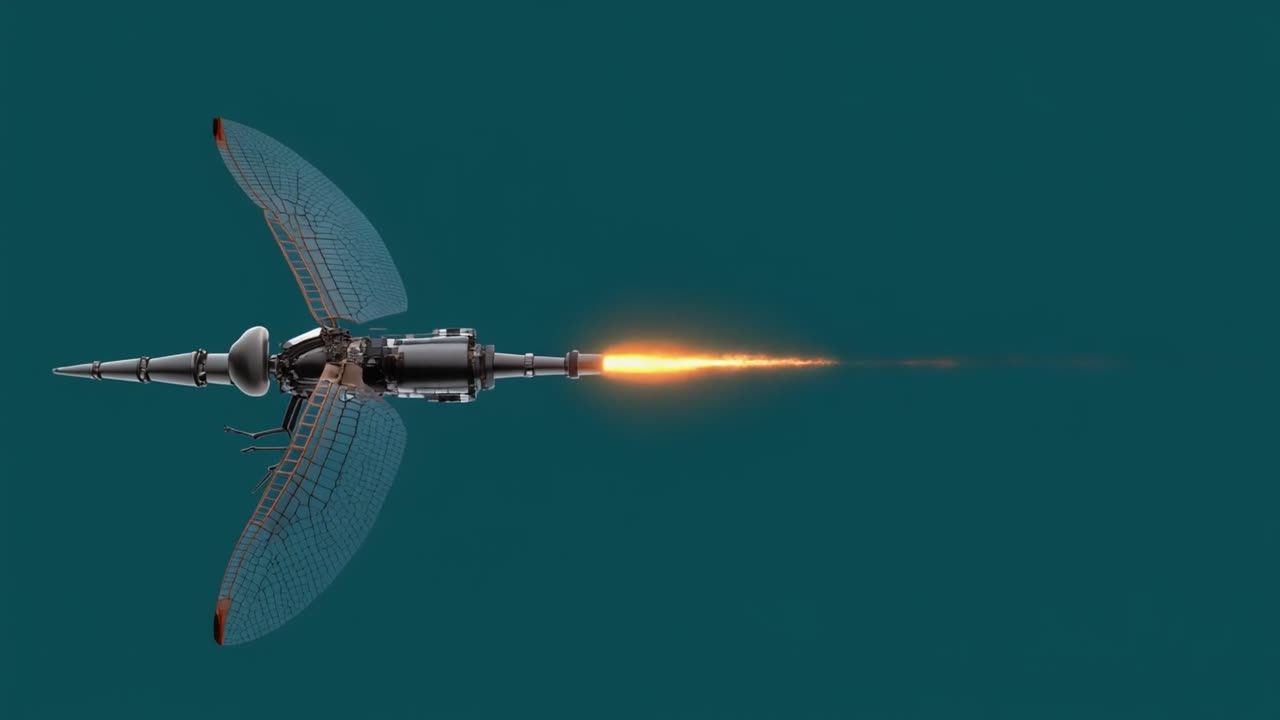 Drone Inseto Robótico Futurístico Voando com Propulsão Flamejante