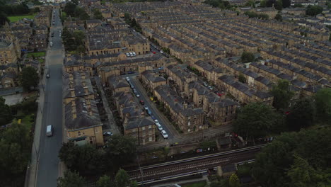 establishing drone shot over saltaire terraced houses