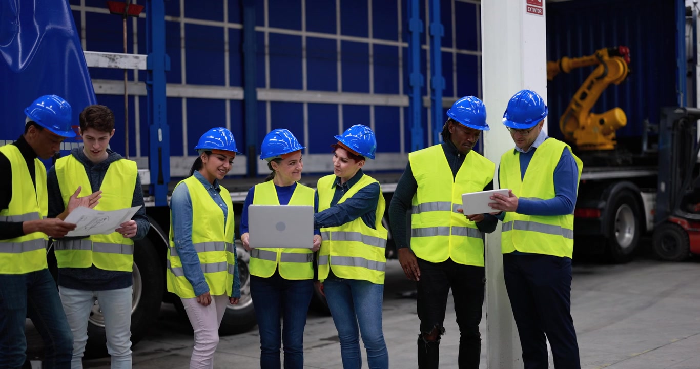 Diverse Team of Engineers Collaborating in Industrial Warehouse