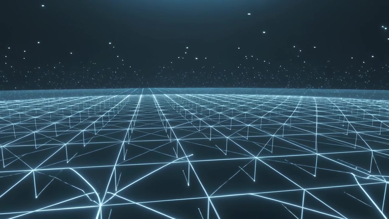Advancing camera causing neon grid pulsing, node spikes rising toward virtual horizon, adding depth