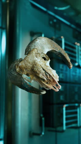 a sheep skull with horns on display in a museum