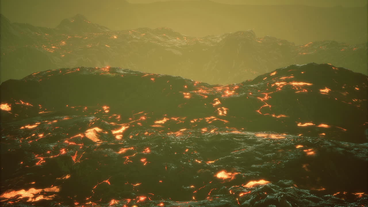 Lava flows illuminate volcanic landscape at dusk in a dramatic display