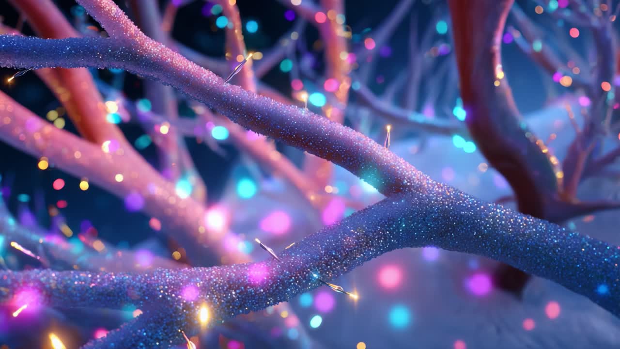 A Magical Winter Wonderland: Enchanted Trees Dressed in Sparkling Glitter and Colorful Lights Creating a Stunningly Beautiful Atmosphere of Joy and Celebration in a Winter Landscape