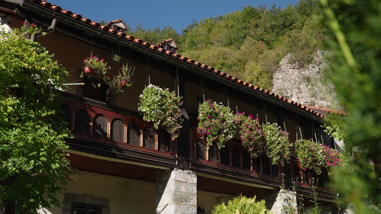 Capturing of architecture of Moraca monastery with blurred green leaves in foreground in Montenegro