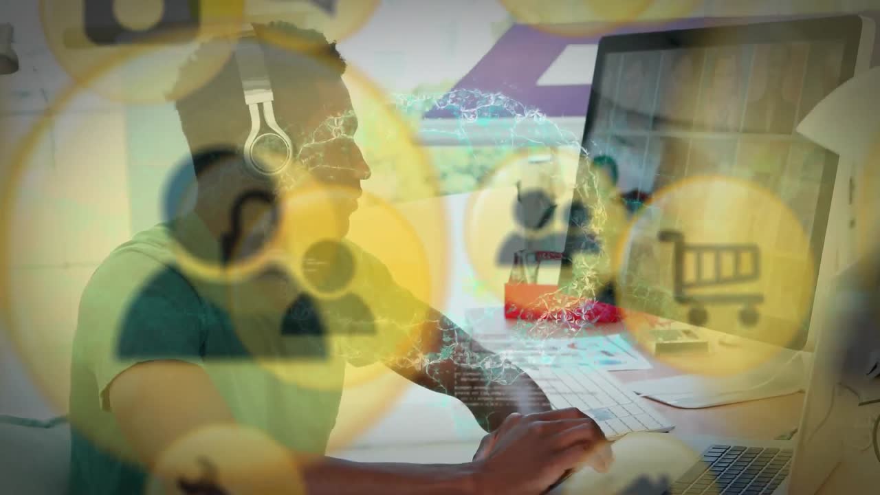 animación de la red de conexiones con iconos sobre el hombre de negocios