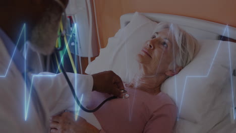 Animation-of-heart-rate-monitor-over-diverse-female-doctor-examining-female-patient-at-hospital