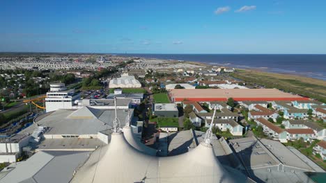 aerial drone footage of the famous butllins holiday camp based in the seaside town of skegness lancashire, uk