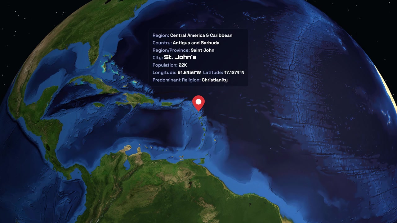 A rotating globe zooms into the Caribbean, pinpointing St John's with a location marker