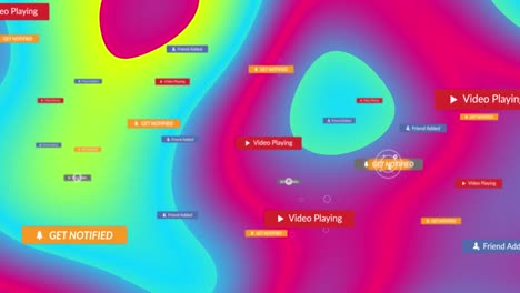 animation of media icons and shapes over colourful background