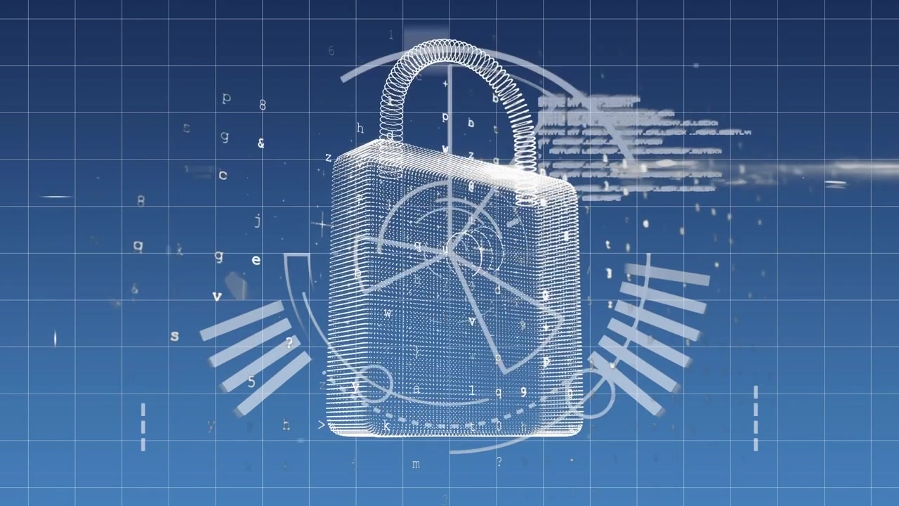 Animation of data processing and digital padlock over blue background