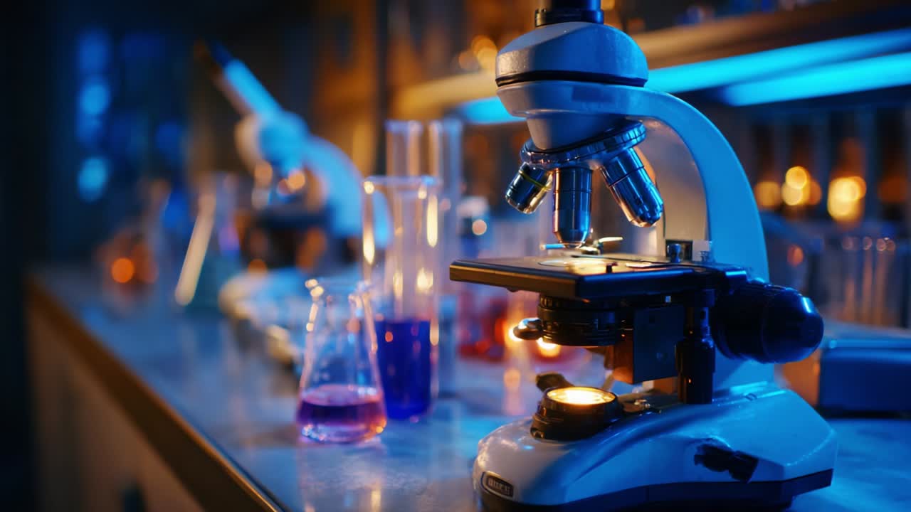 A Close-Up View of a High-Quality Microscope in a Dimly Lit Laboratory, Surrounded by Colorful Solutions in Beakers, Creating an Atmosphere of Scientific Discovery and Exploration